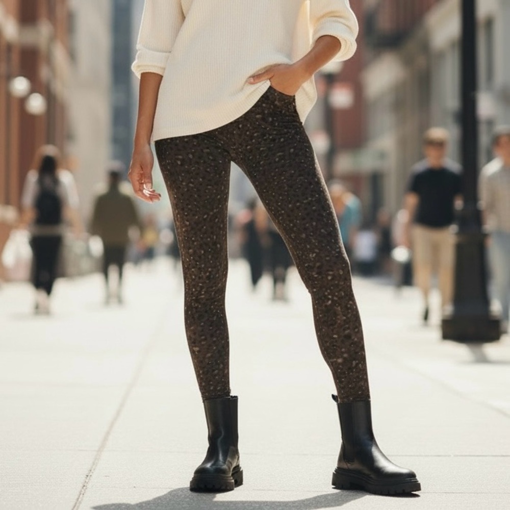 SPANX Look At Me Now Seamless Leggings Olive Leopard Size Small